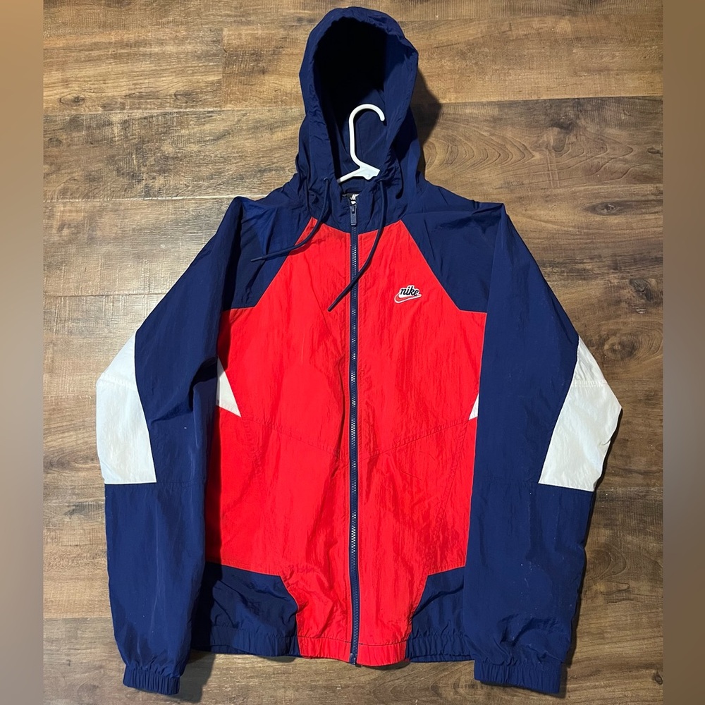 Nike Windbreaker Jacket Mens Medium Red Blue White Hooded Full Zip Mesh Lined
